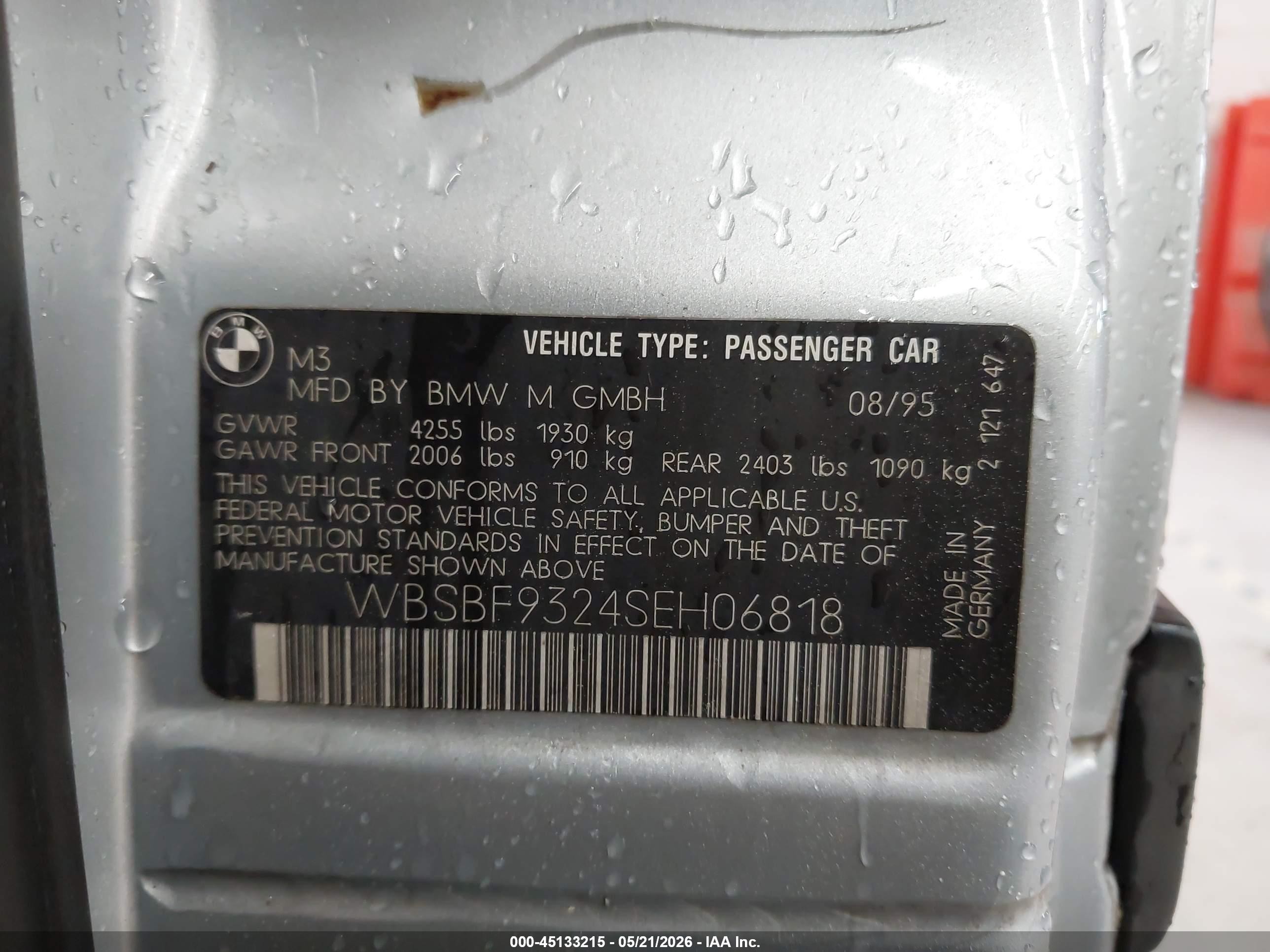 1995 Bmw M3   Silver vin: WBSBF9324SEH06818