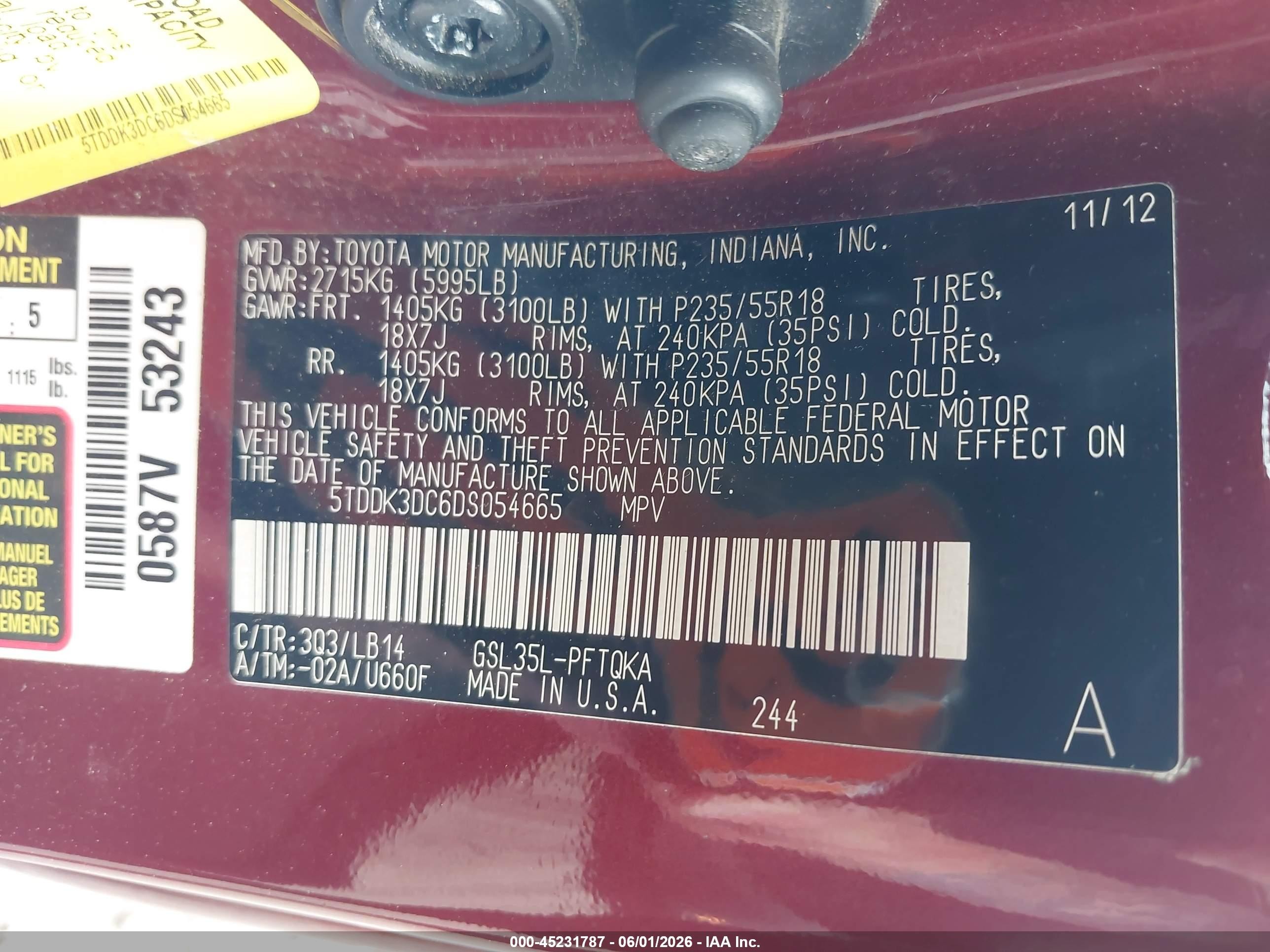 2013 Toyota Sienna Xle/limited Burgundy vin: 5TDDK3DC6DS054665