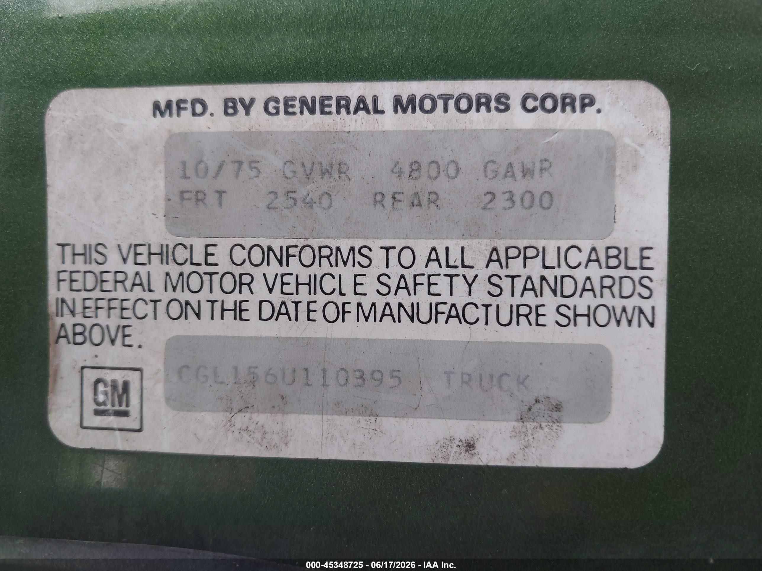 1976 Chevrolet G10 Green vin: 0000CGL156U110395