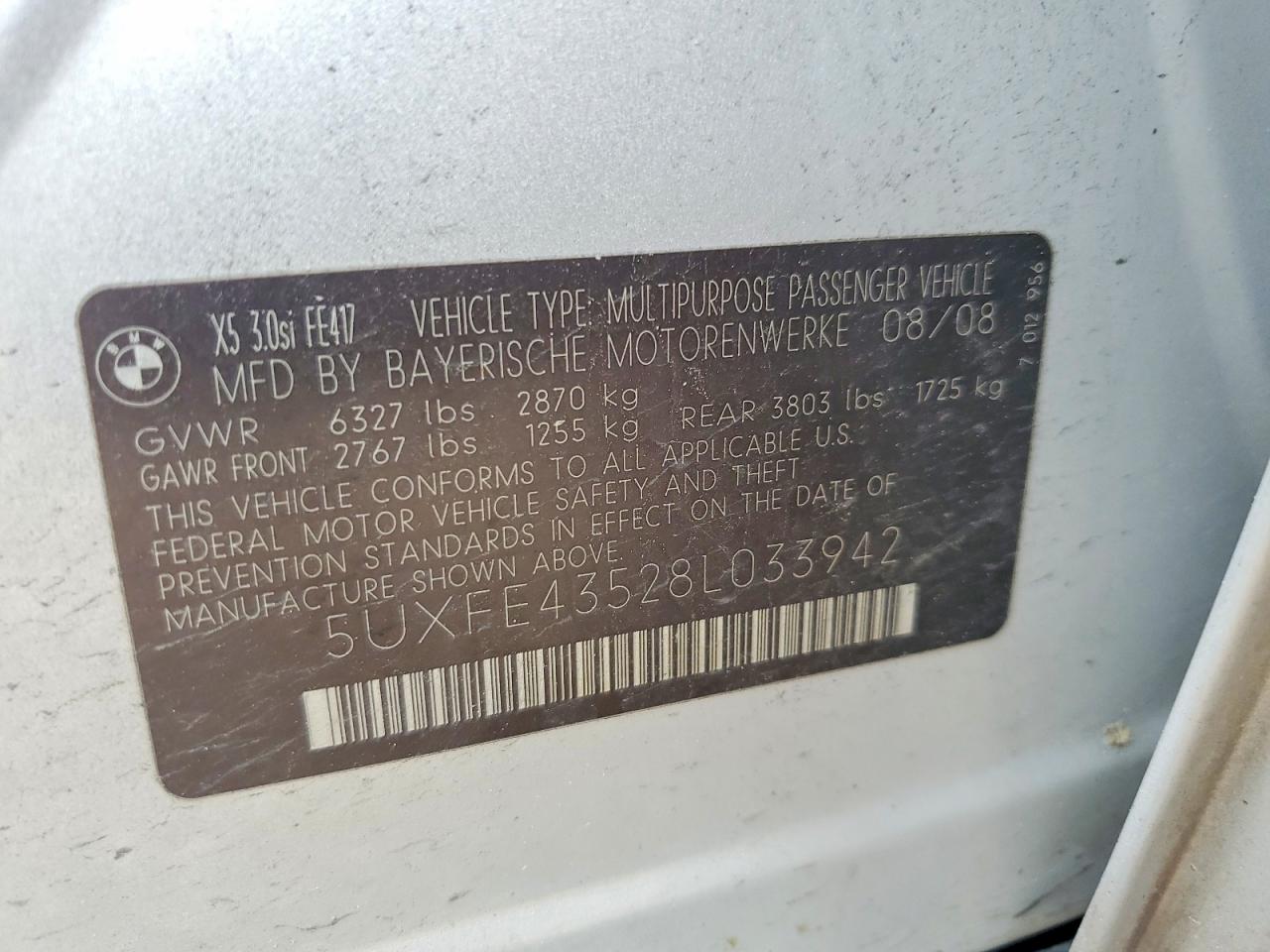2008 Bmw X5 3.0i Silver vin: 5UXFE43528L033942