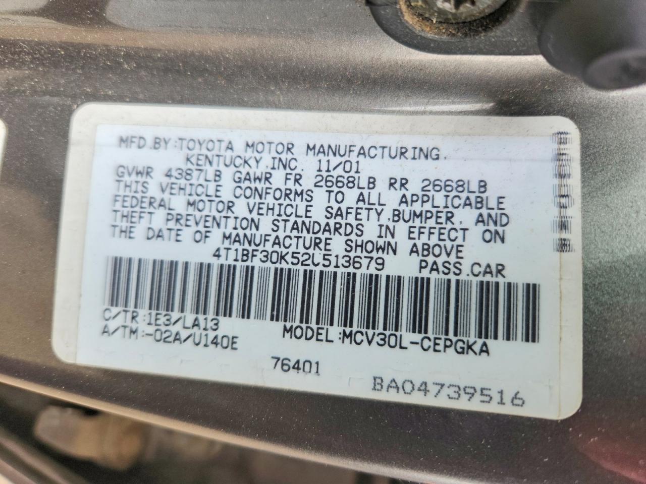 2002 Toyota Camry Xle V6 Gray vin: 4T1BF30K52U513679