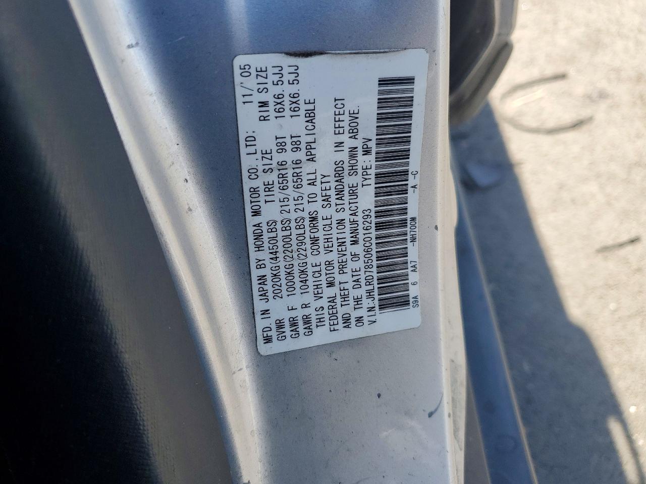 2006 Honda Cr-v Lx Silver vin: JHLRD78506C016293