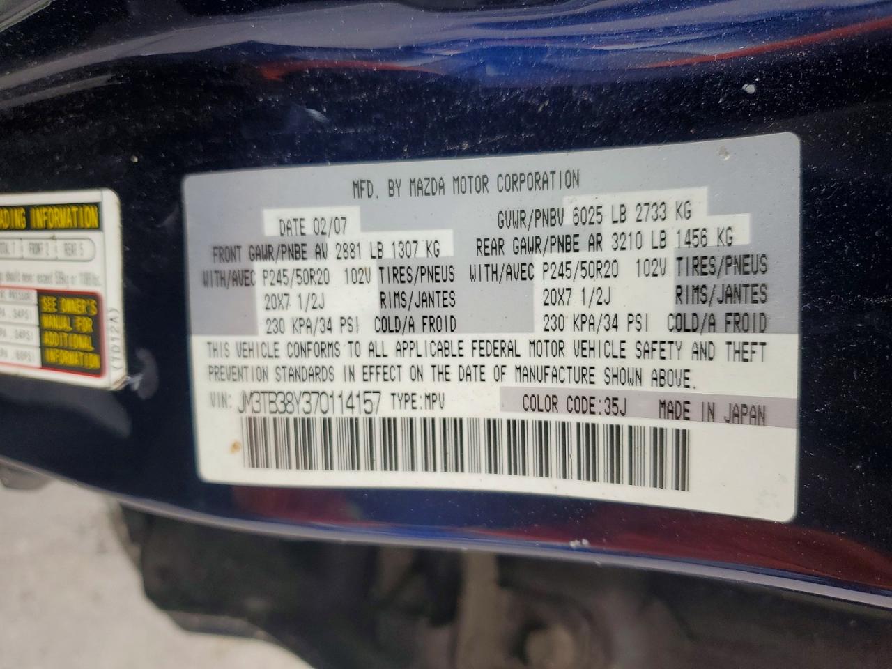 2007 Mazda Cx-9 Blue vin: JM3TB38Y370114157