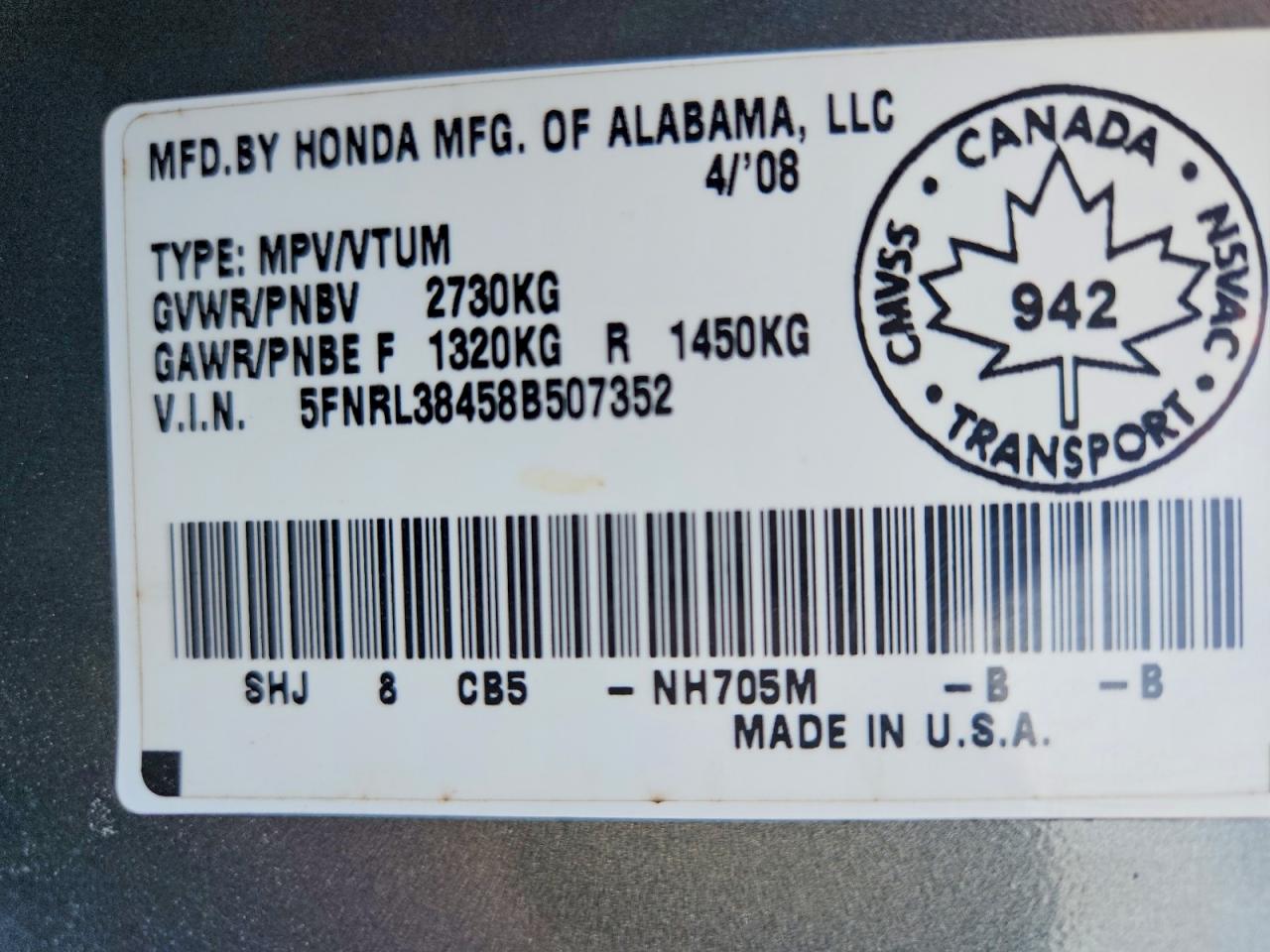 2008 Honda Odyssey Ex Gray vin: 5FNRL38458B507352