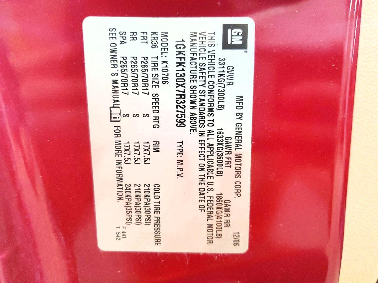 2007 Gmc Yukon Burgundy vin: 1GKFK130X7R327599