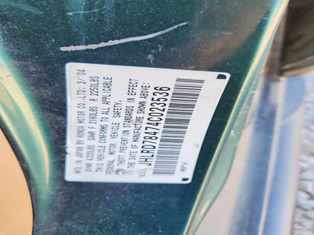 2004 Honda Cr-v Lx Green vin: JHLRD78474C023536