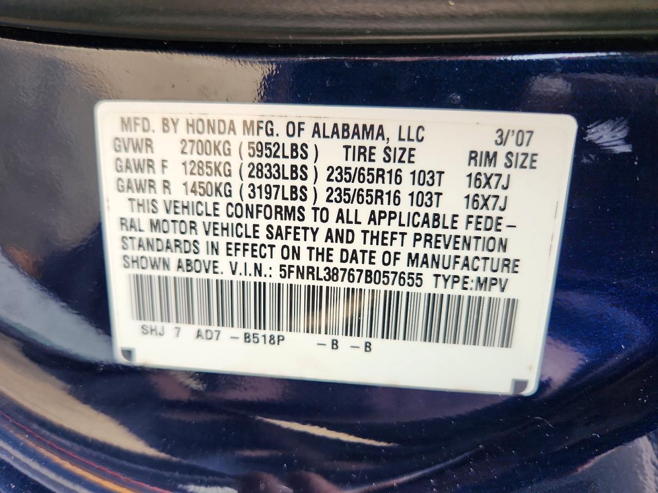 2007 Honda Odyssey Exl Blue vin: 5FNRL38767B057655