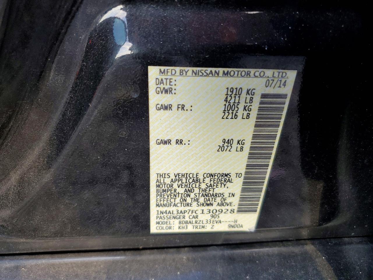 2015 Nissan Altima 2.5 Sl Black vin: 1N4AL3AP7FC130928