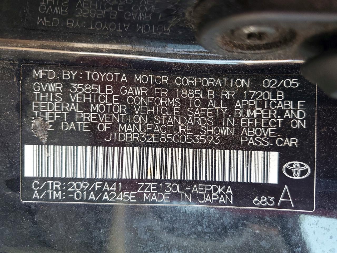 2005 Toyota Corolla Ce Charcoal vin: JTDBR32E850053593