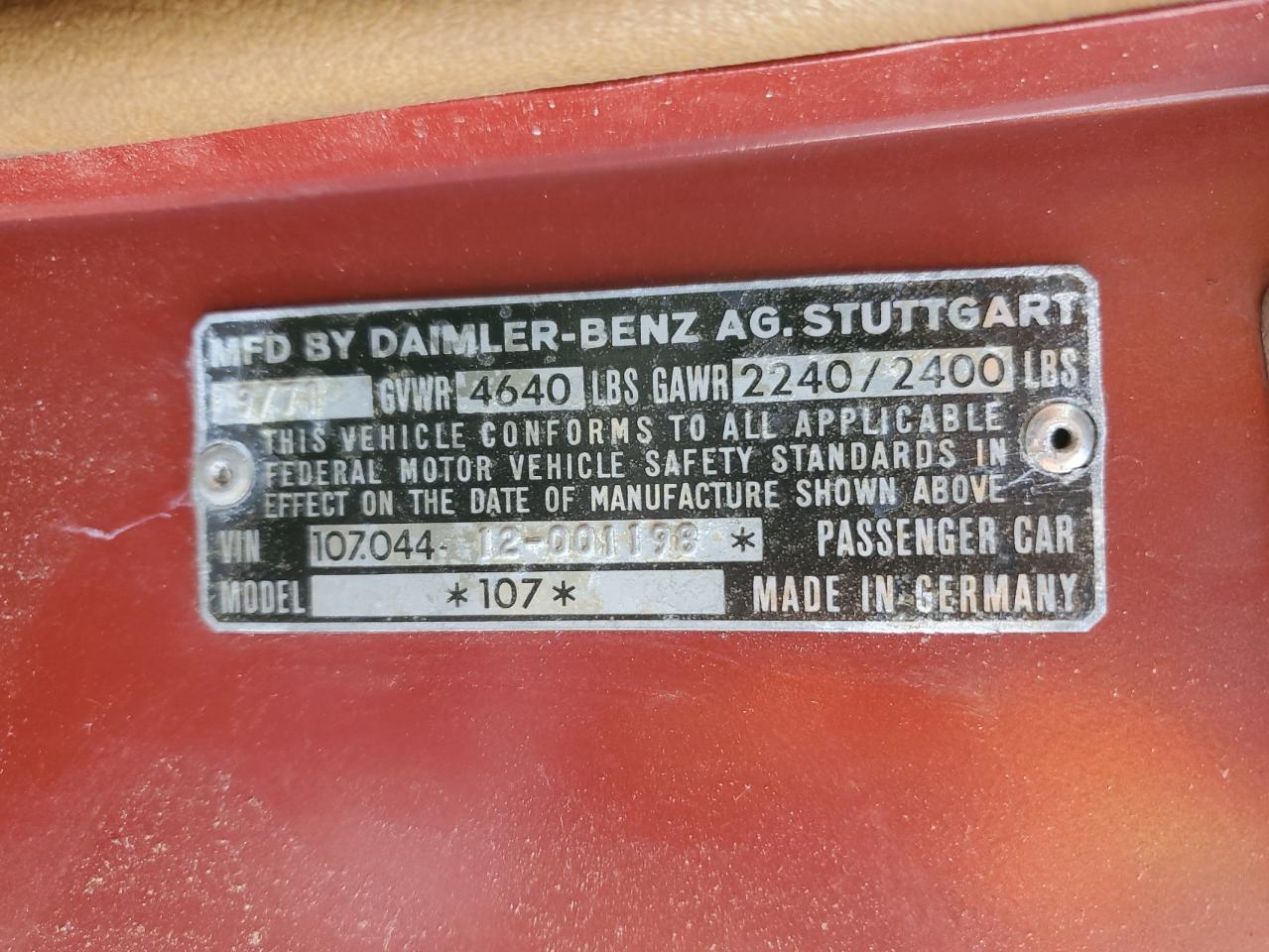 1972 Mercedes Benz 350sl Red vin: 10704412001198