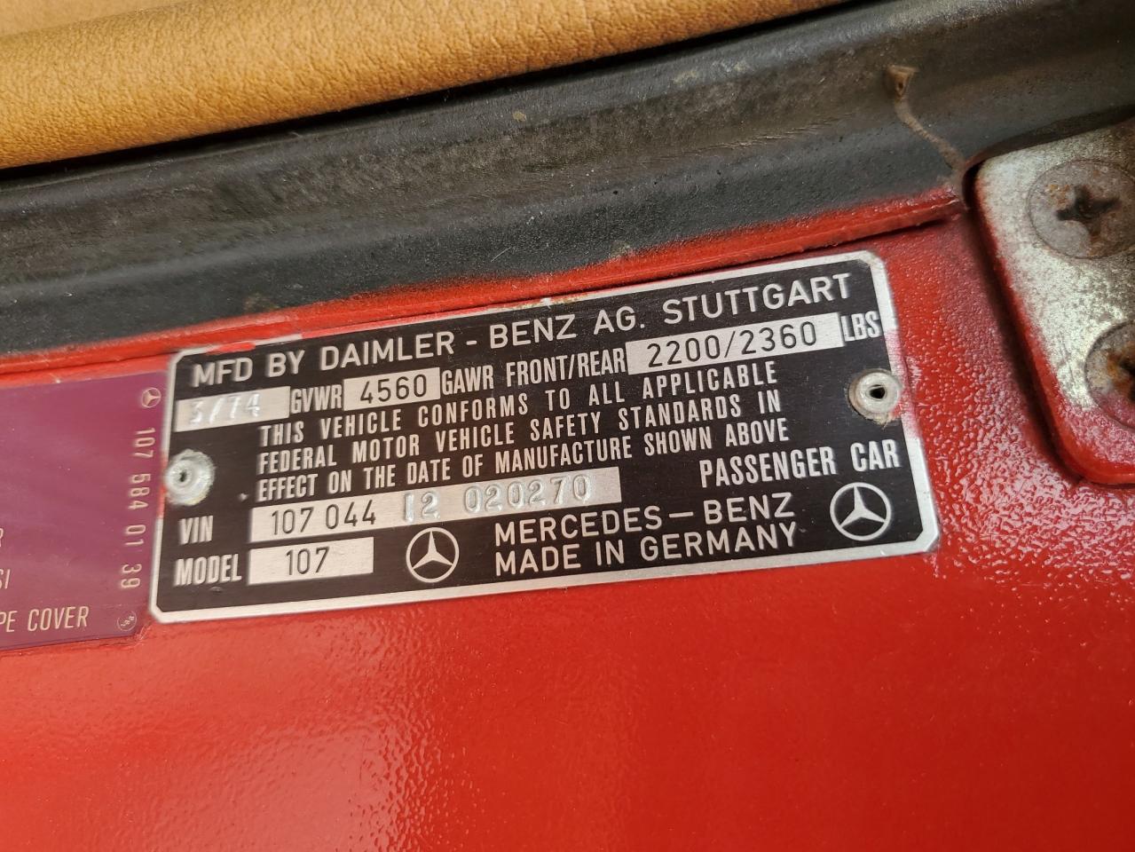 1974 Mercedes-benz 450 Sl Red vin: 10704412020270