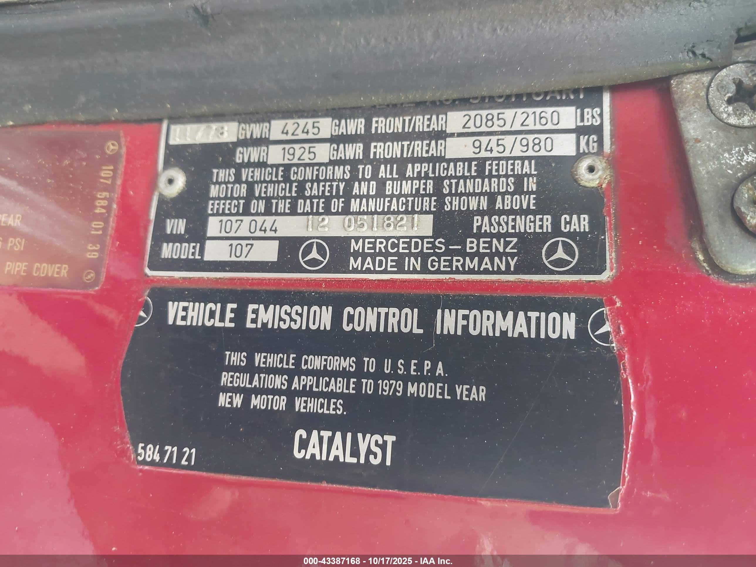 1979 Mercedes-benz 450sl   Красный vin: 10704412051821   