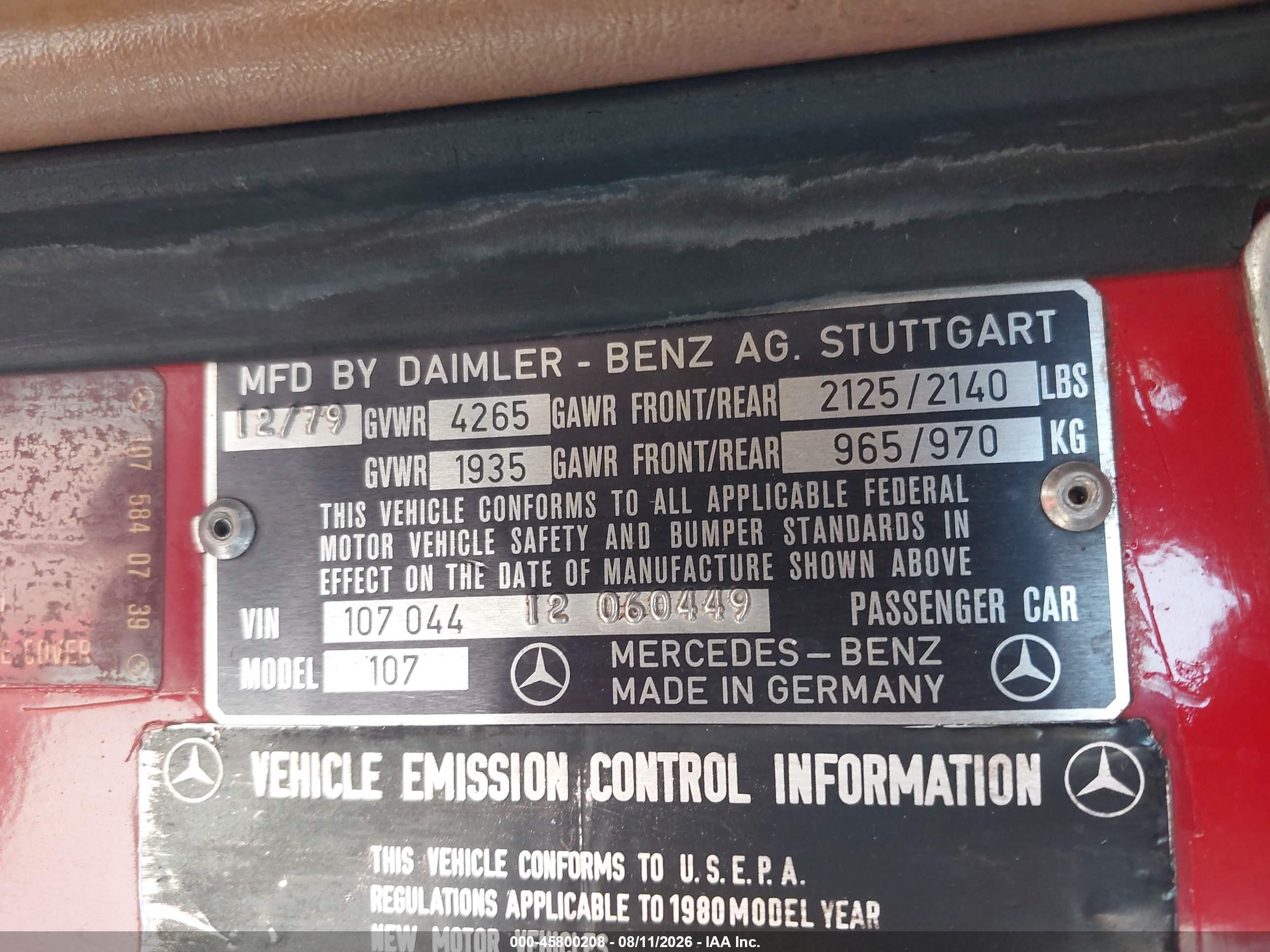 1980 Mercedes-benz 450 Red vin: 10704412060449