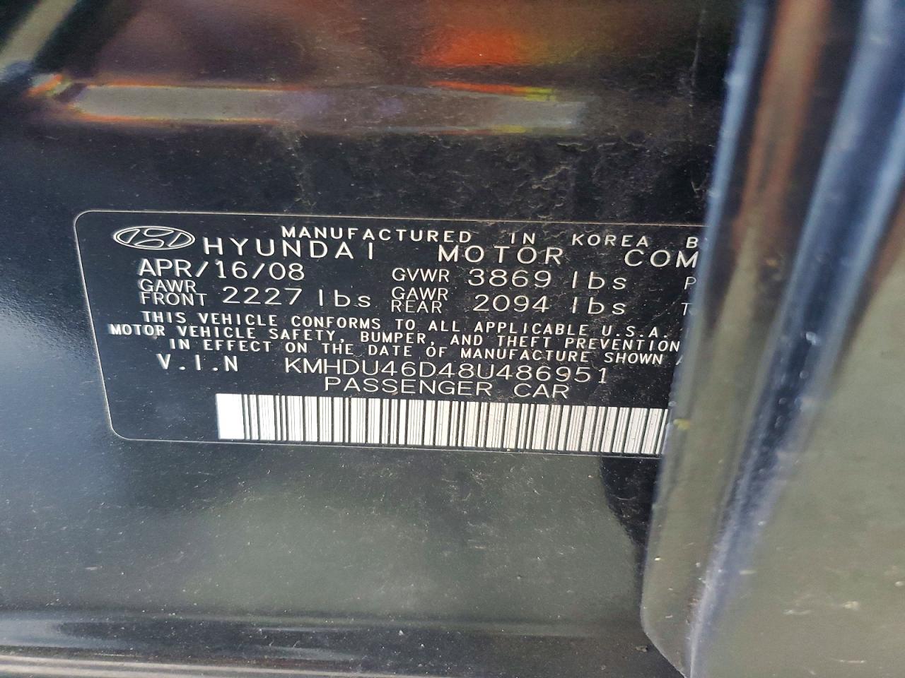 2008 Hyundai Elantra Gls Black vin: KMHDU46D48U486951