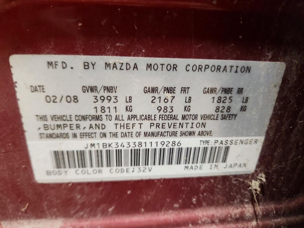2008 Mazda 3 Hatchback Red vin: JM1BK343381119286