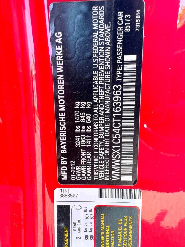 2012 Mini Cooper Coupe Red vin: WMWSX1C54CT163963