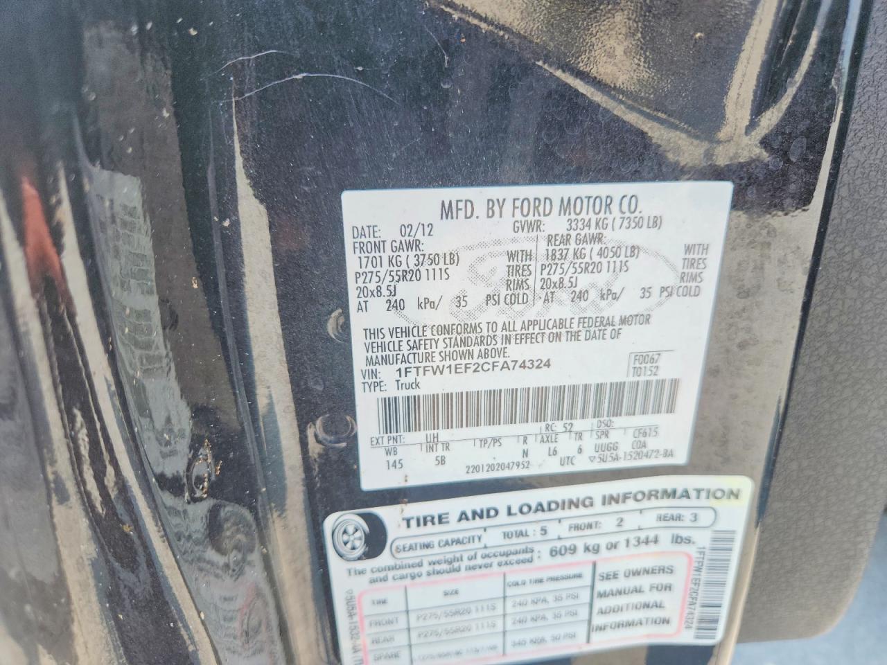 2012 Ford F150 Supercrew Black vin: 1FTFW1EF2CFA74324