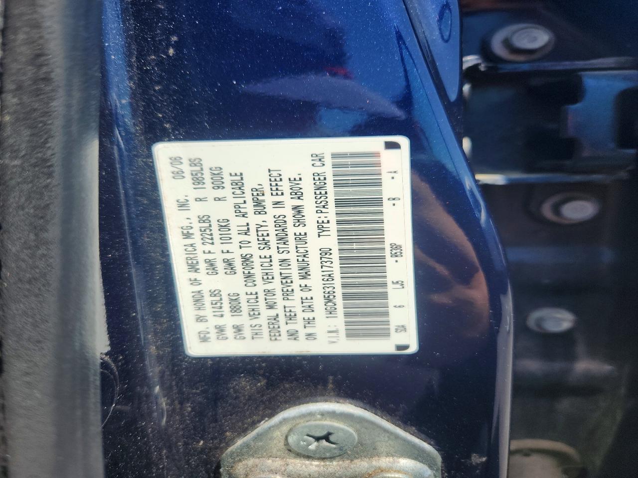 2006 Honda Accord Se Blue vin: 1HGCM56316A173790