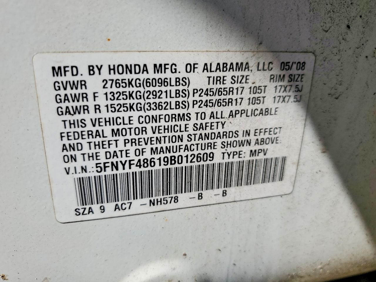 2009 Honda Pilot Exl White vin: 5FNYF48619B012609