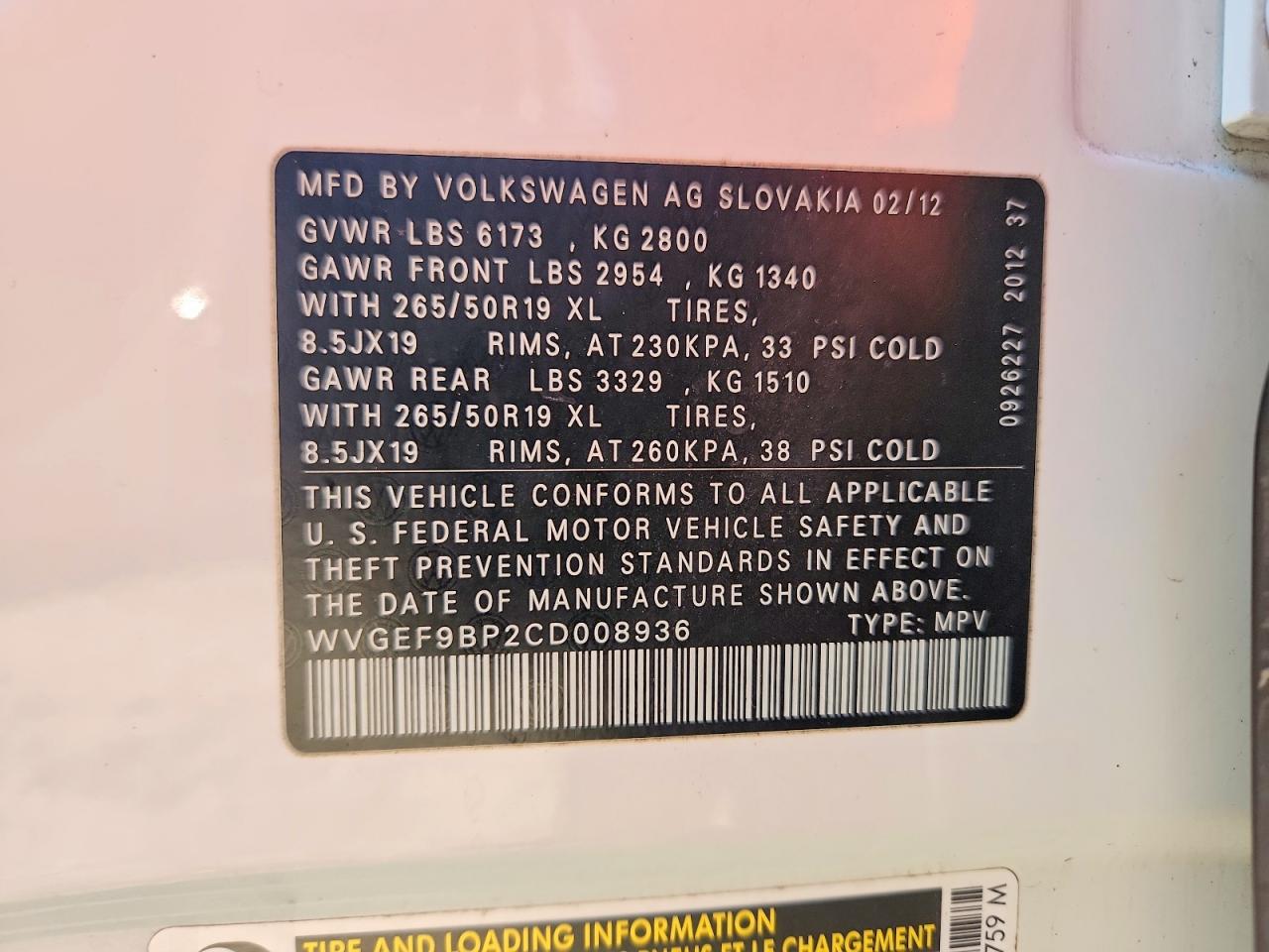 2012 Volkswagen Touareg V6 White vin: WVGEF9BP2CD008936