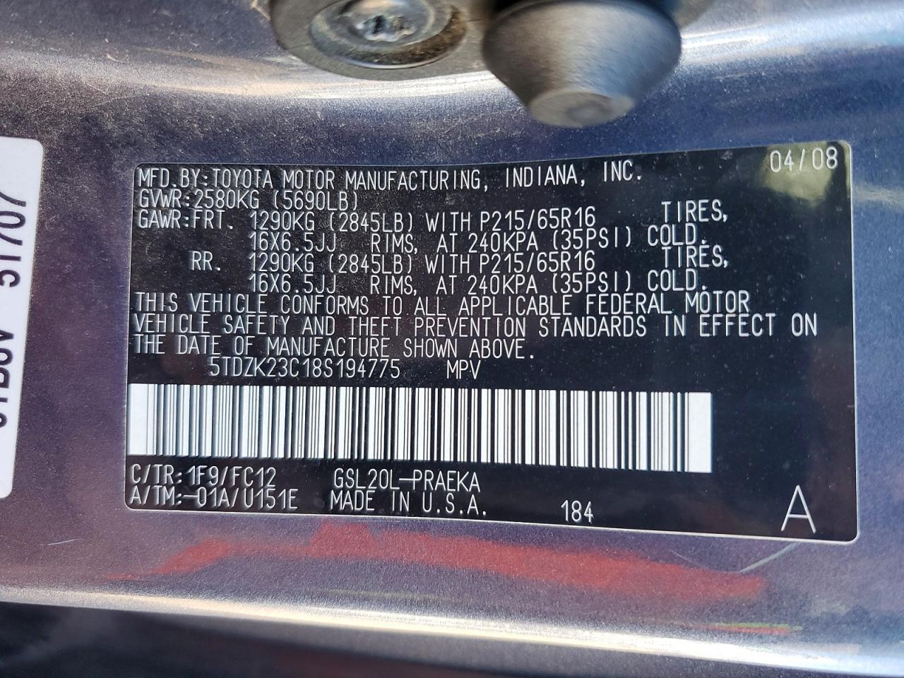 2008 Toyota Sienna Le 8-passenger Charcoal vin: 5TDZK23C18S194775