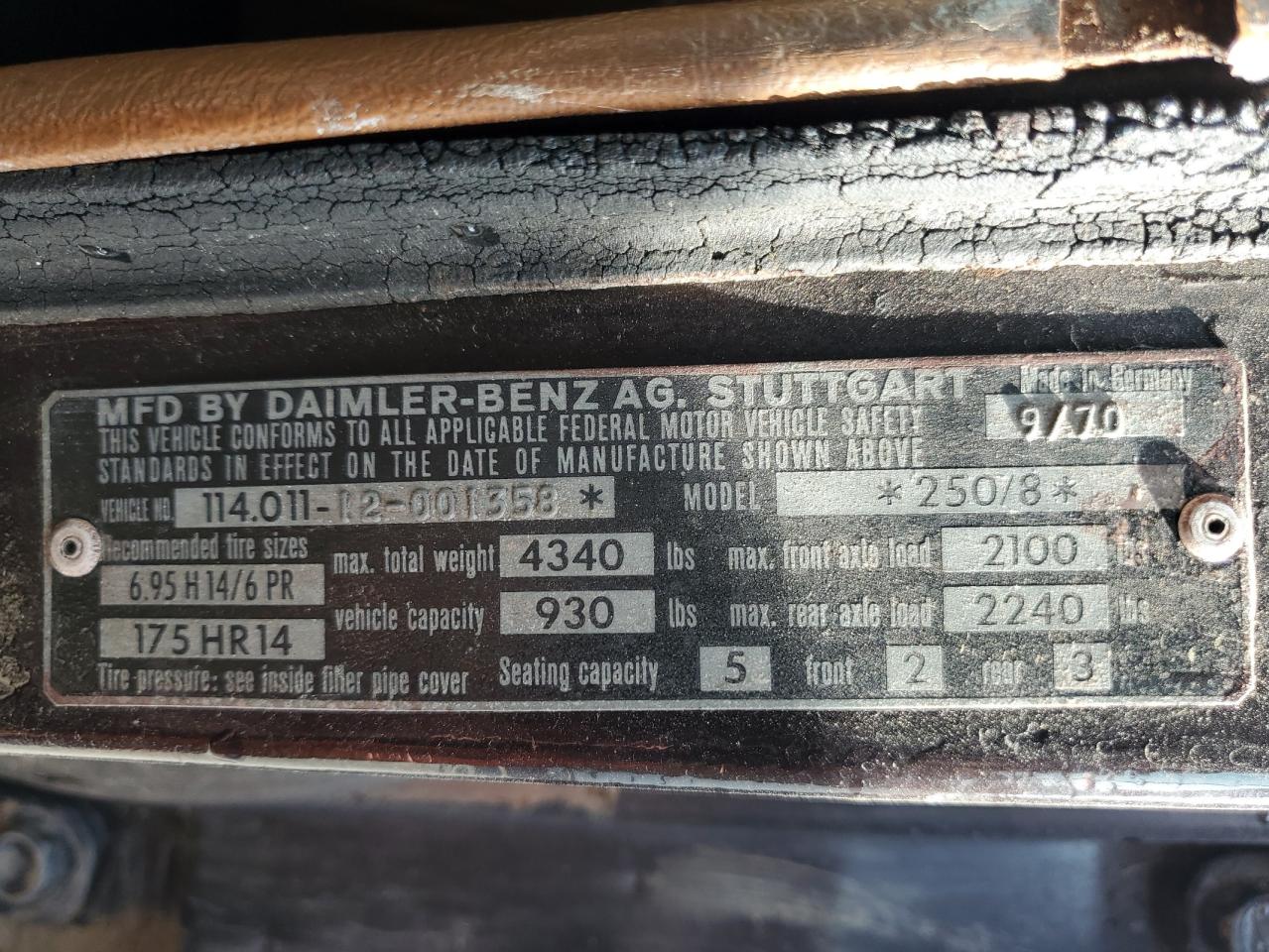 1971 Mercedes-benz 250 Brown vin: 11401112001358