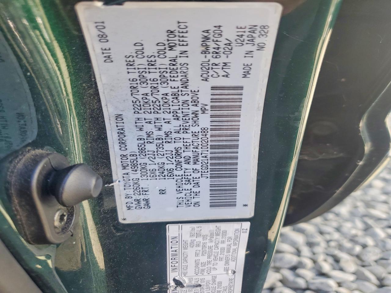 2001 Toyota Highlander Base Green vin: JTEGD21A710020488