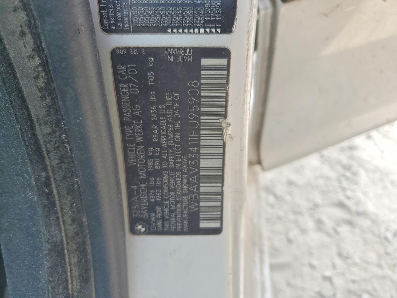 2001 Bmw 325 I Silver vin: WBAAV33411FU95908