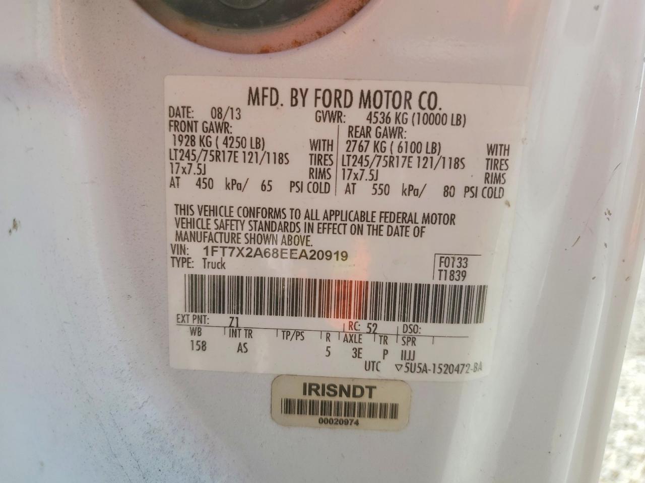 2014 Ford F250 Super Duty White vin: 1FT7X2A68EEA20919