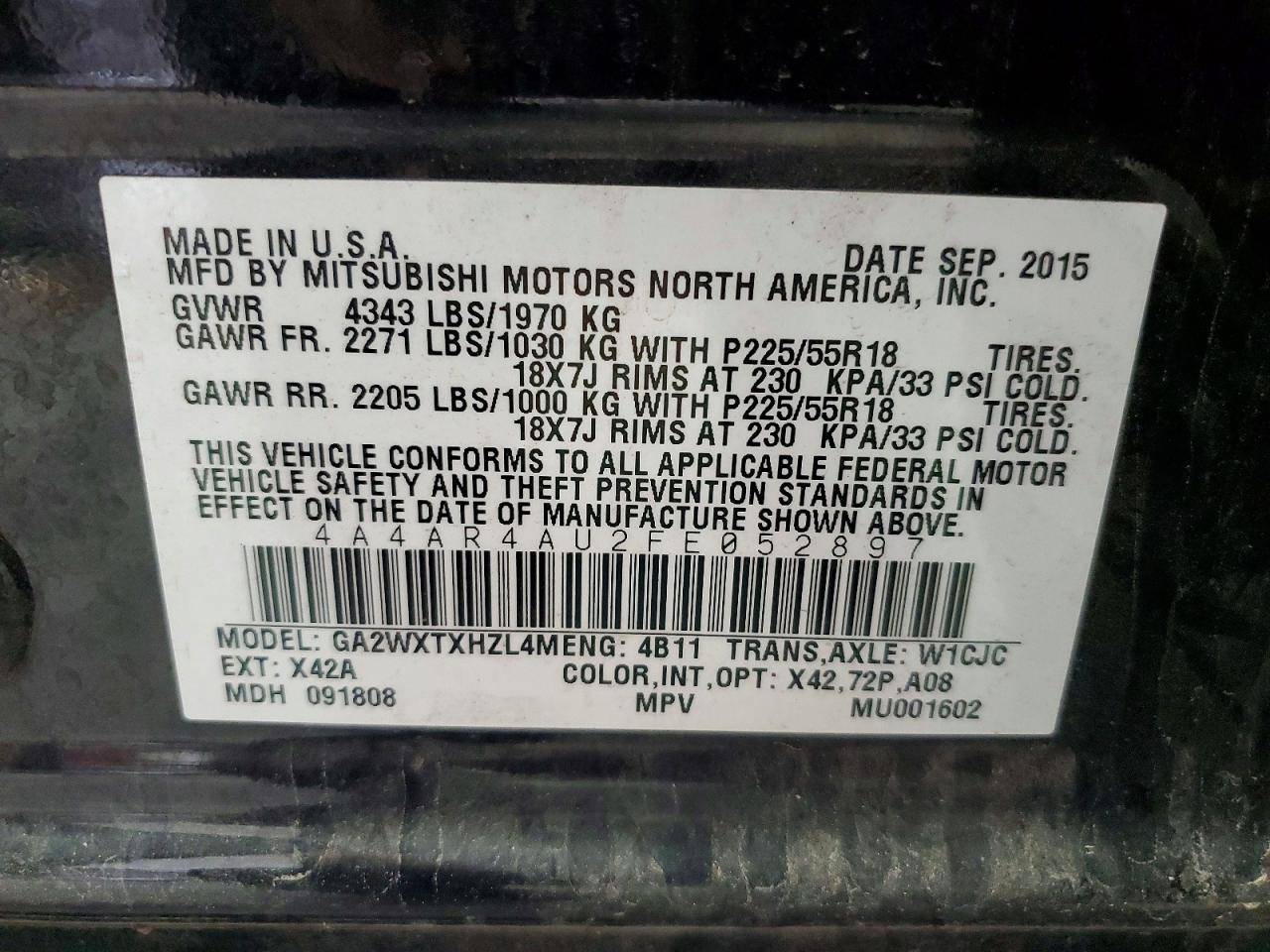 2015 Mitsubishi Outlander Sport Se Black vin: 4A4AR4AU2FE052897