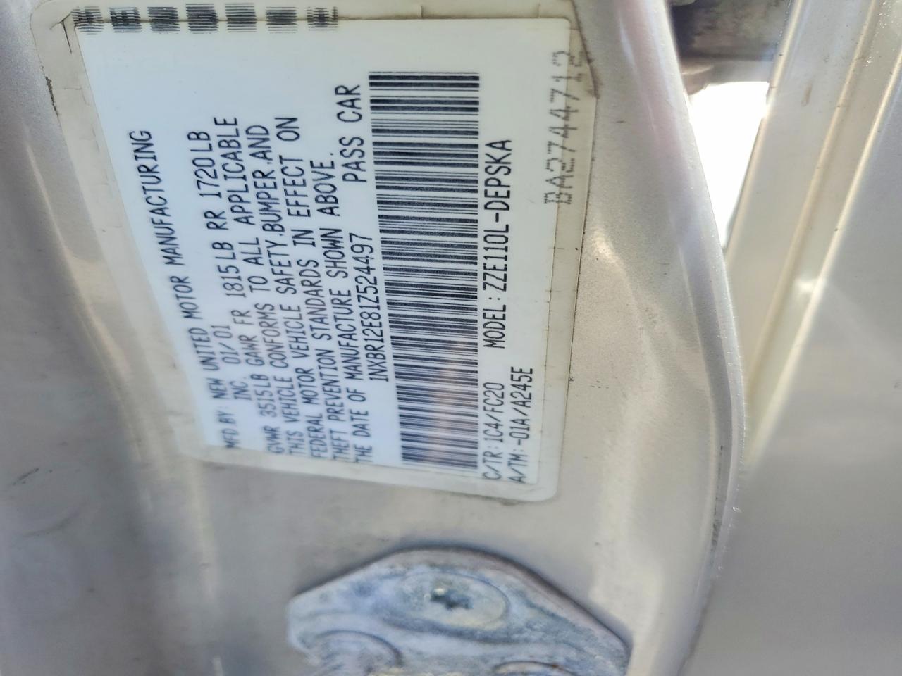 2001 Toyota Corolla S Серебряный vin: 1NXBR12E81Z524497