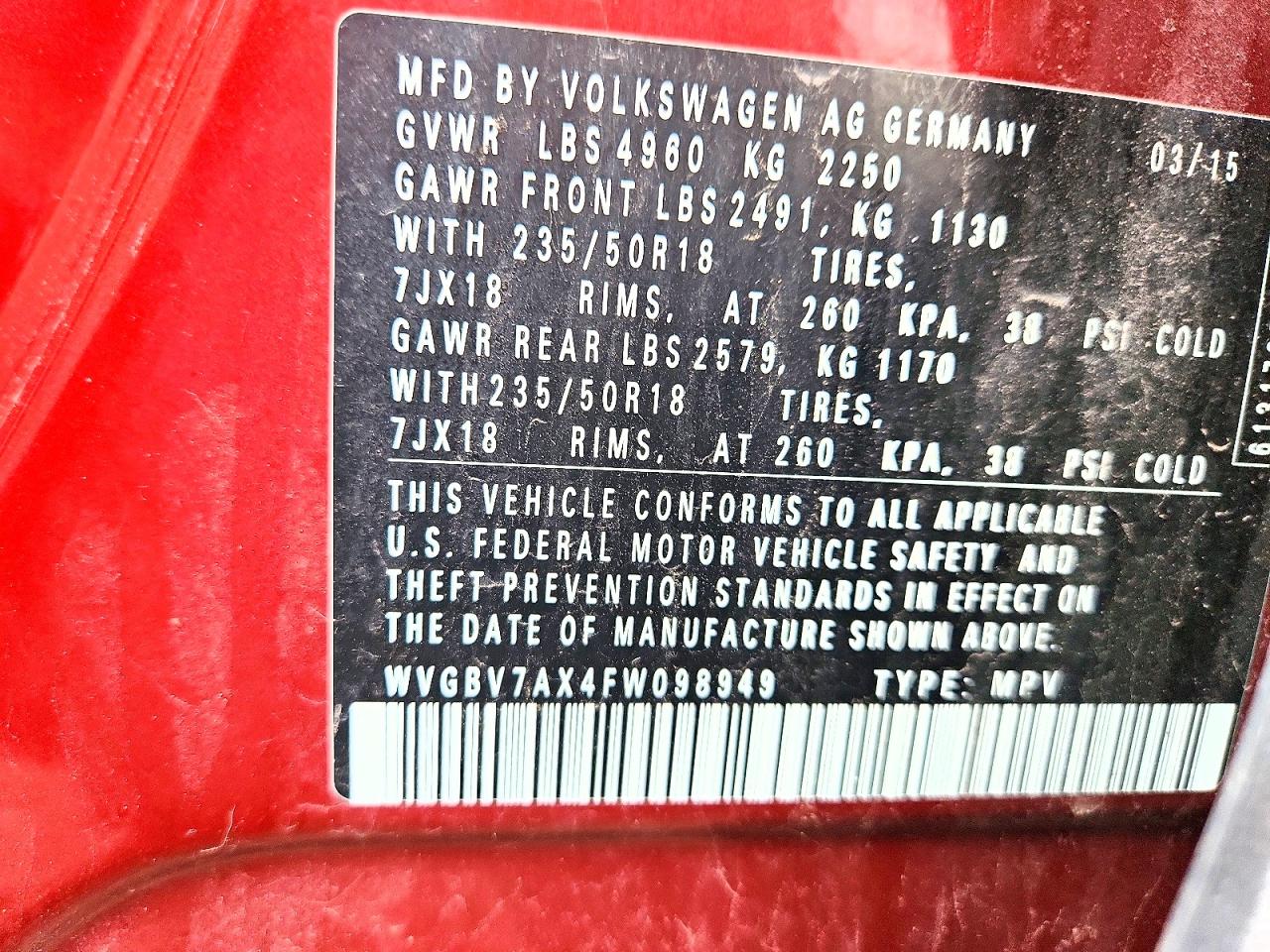 2015 Volkswagen Tiguan S Red vin: WVGBV7AX4FW098949