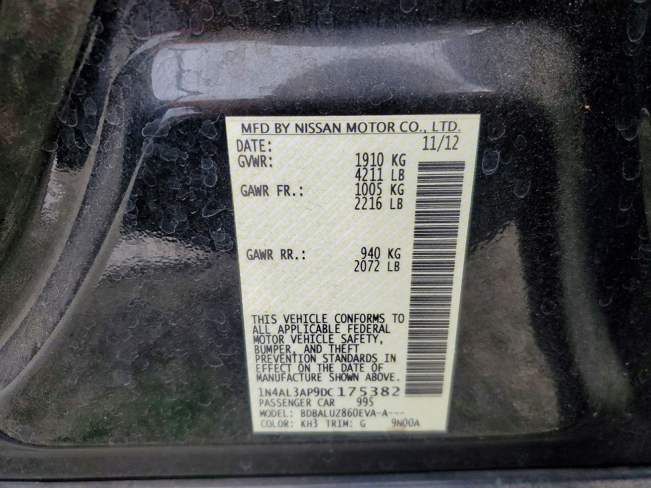 2013 Nissan Altima 2.5 Black vin: 1N4AL3AP9DC175382
