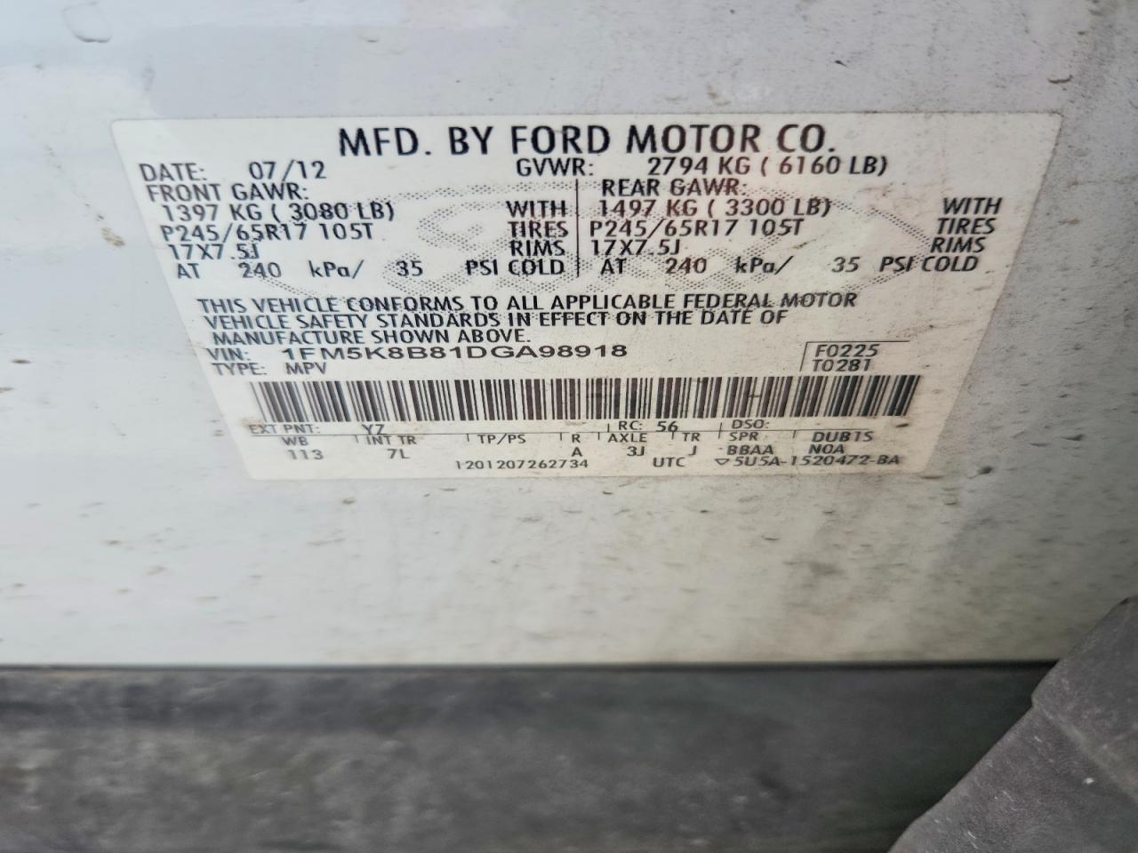 2013 Ford Explorer White vin: 1FM5K8B81DGA98918
