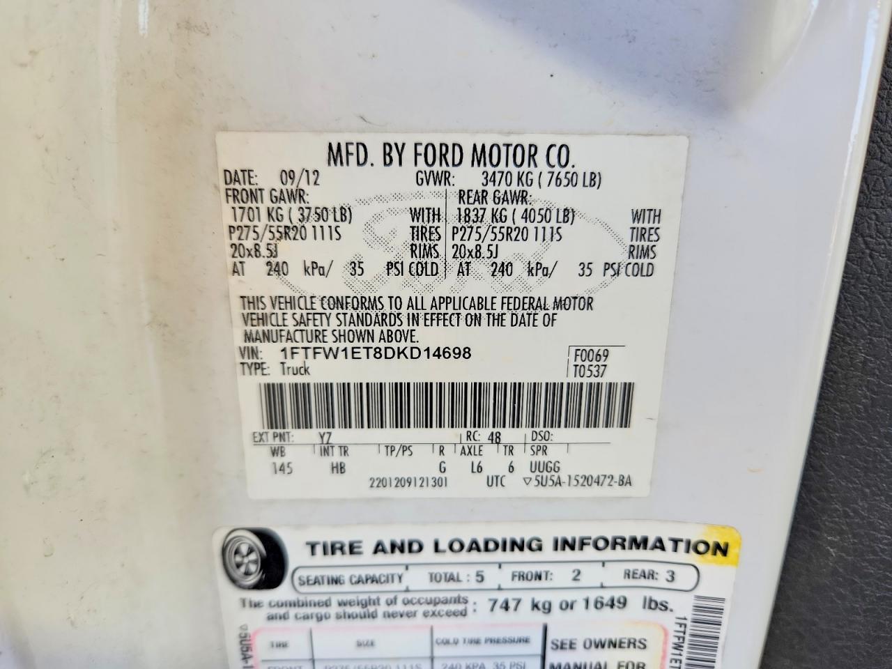 2013 Ford F150 Supercrew White vin: 1FTFW1ET8DKD14698