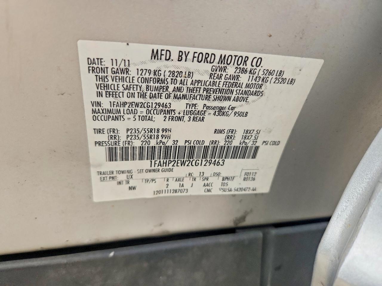 2012 Ford Taurus Sel Silver vin: 1FAHP2EW2CG129463