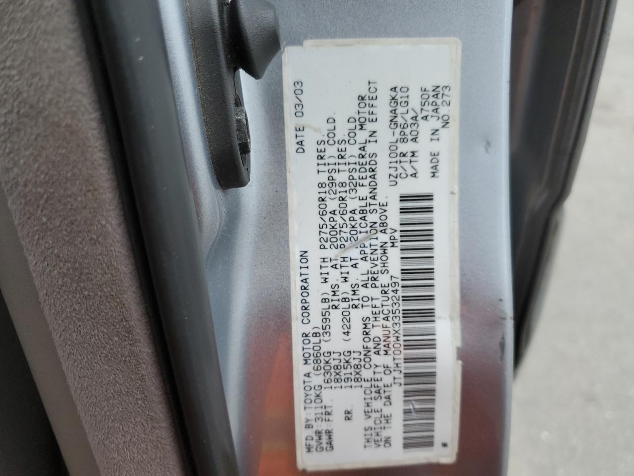 2003 Lexus Lx 470 Blue vin: JTJHT00WX33532497