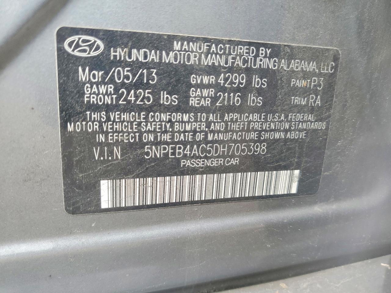 2013 Hyundai Sonata Gray vin: 5NPEB4AC5DH705398