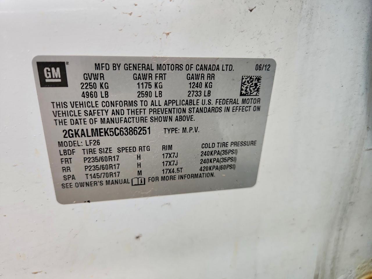 2012 Gmc Terrain Sle Белый vin: 2GKALMEK5C6386251