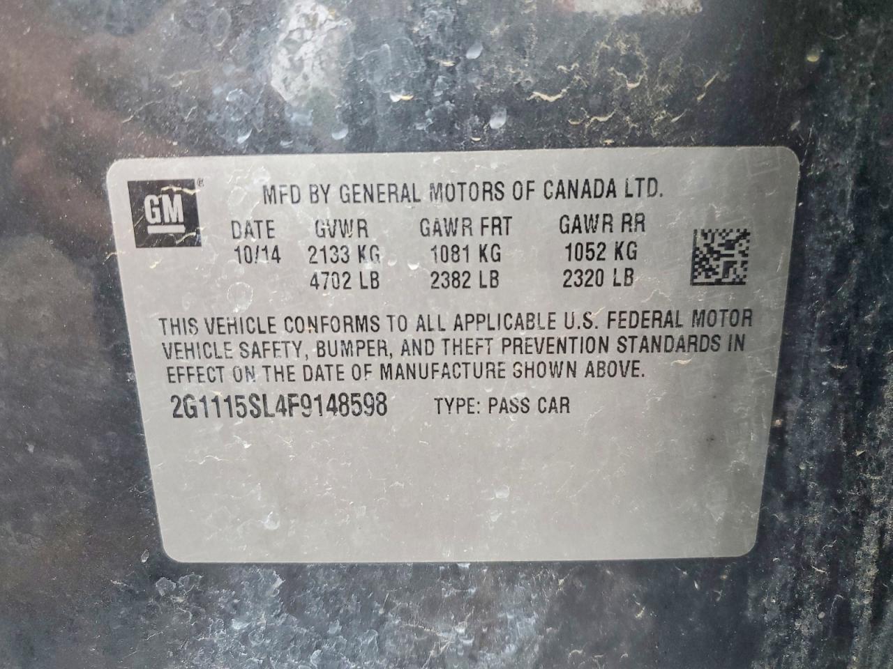 2015 Chevrolet Impala Lt Charcoal vin: 2G1115SL4F9148598