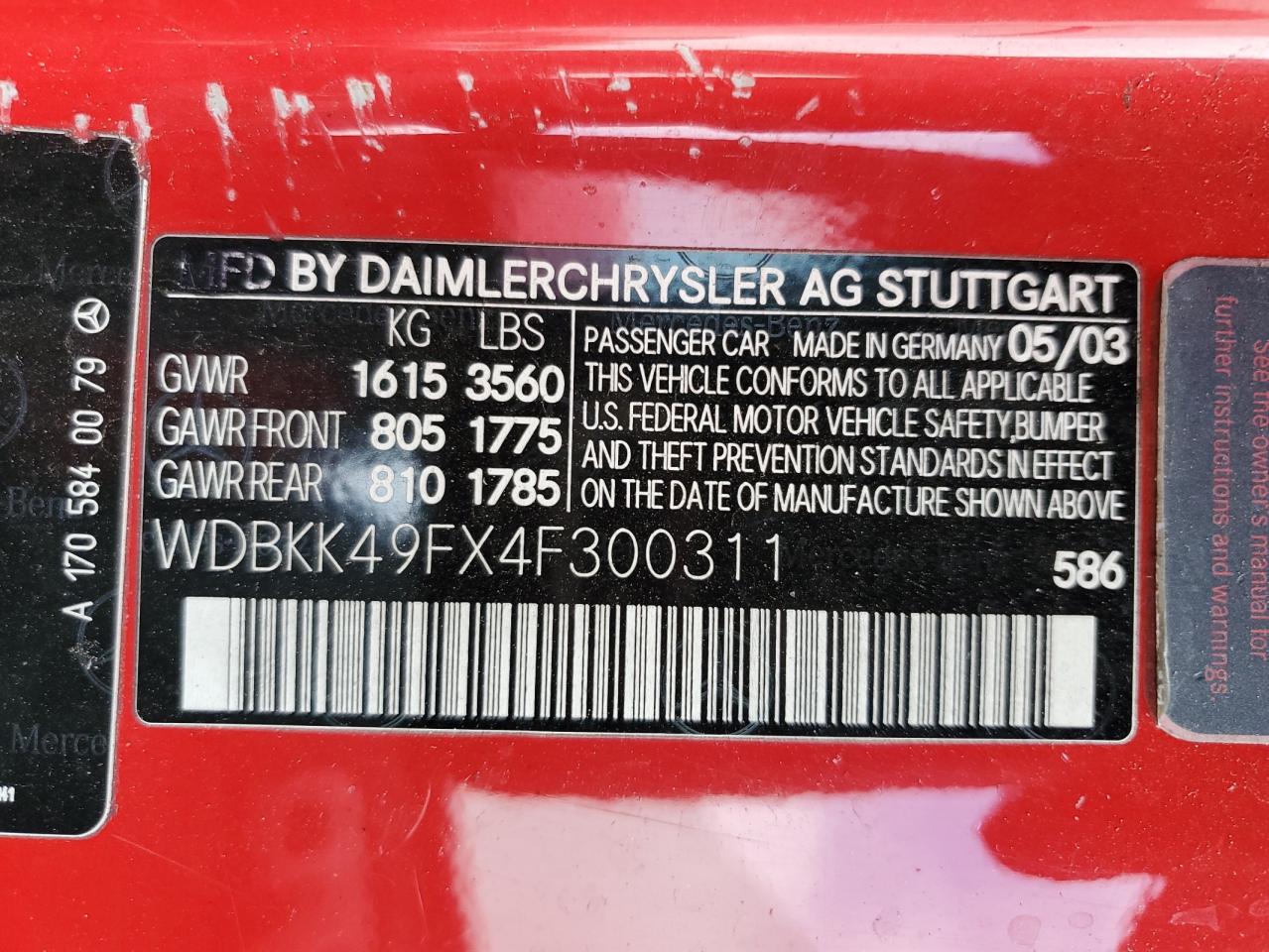 2004 Mercedes-benz Slk 230 Kompressor Red vin: WDBKK49FX4F300311