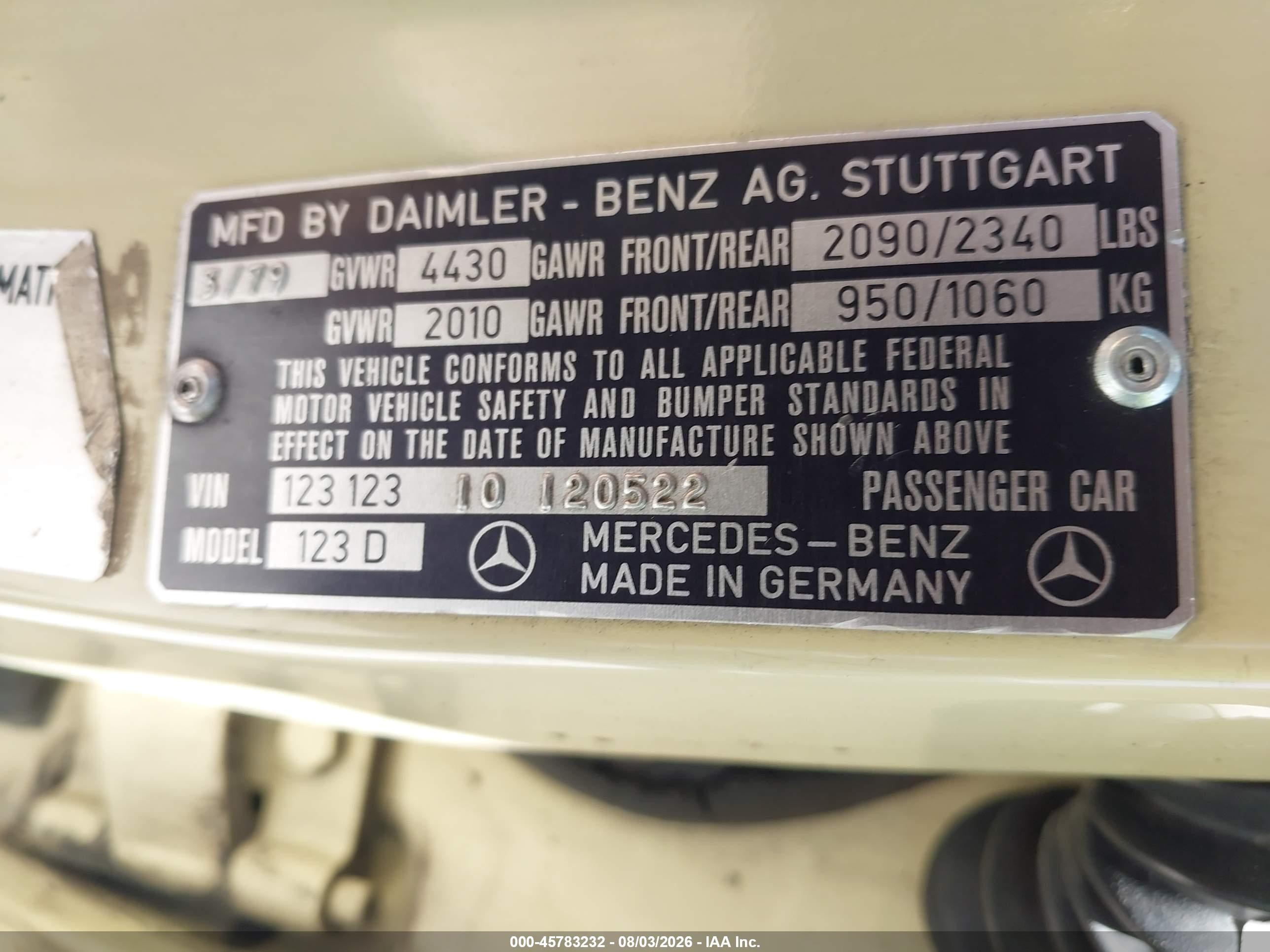 1979 Mercedes-benz 240d Series Yellow vin: 12312310120522