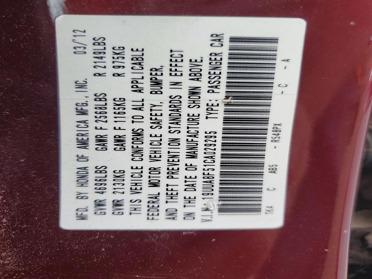 2012 Acura Tl Maroon vin: 19UUA8F51CA029295