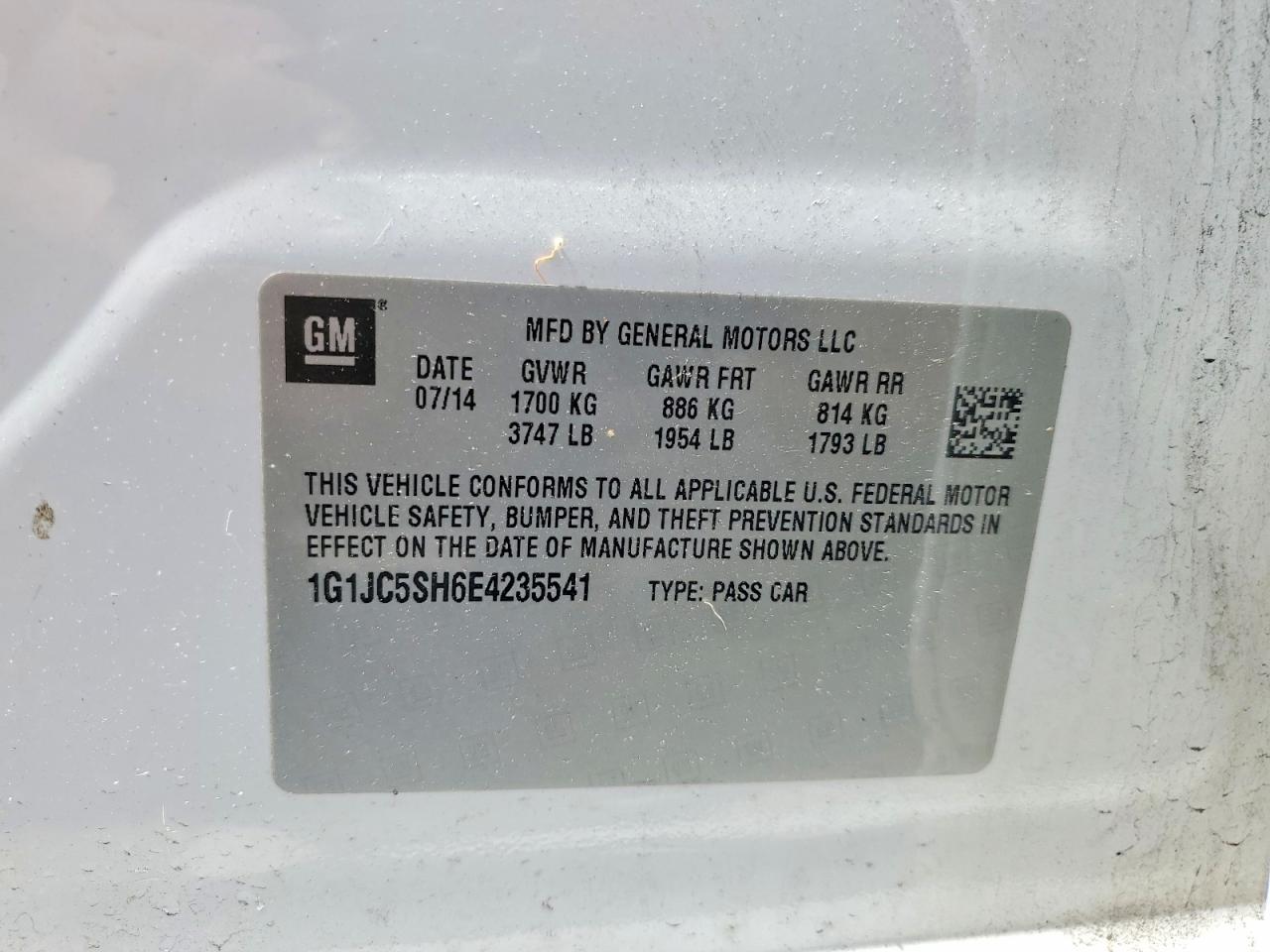 2014 Chevrolet Sonic Lt White vin: 1G1JC5SH6E4235541
