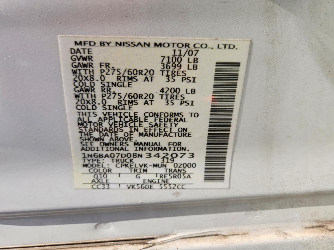 2008 Nissan Titan Xe Ffv White vin: 1N6BA07D08N342073