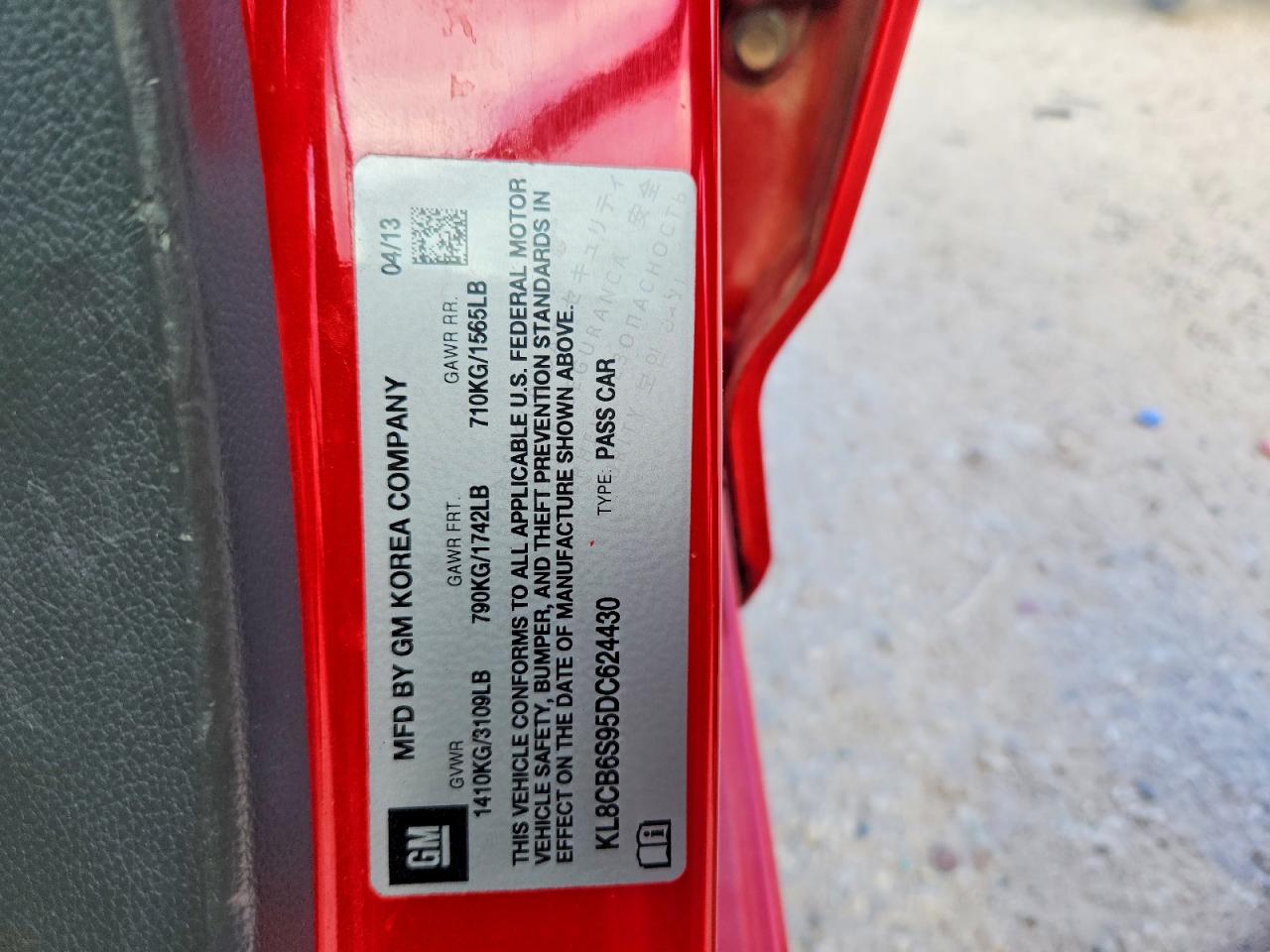 2013 Chevrolet Spark Ls Red vin: KL8CB6S95DC624430