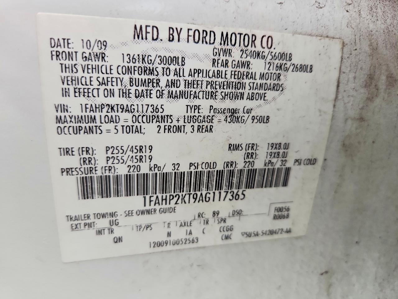 2010 Ford Taurus Sho White vin: 1FAHP2KT9AG117365
