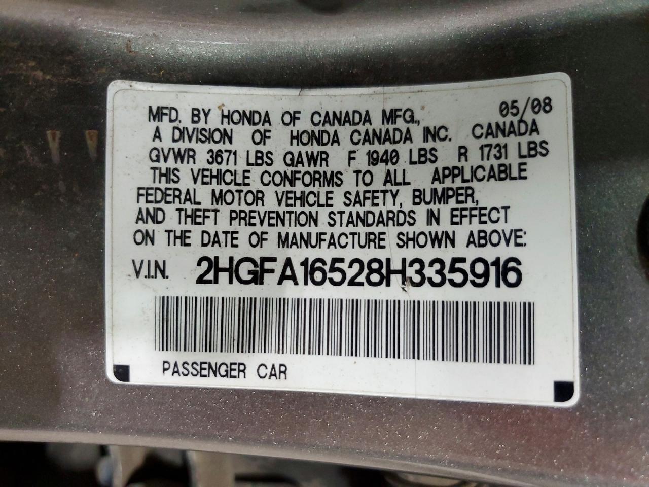 2008 Honda Civic Lx Gray vin: 2HGFA16528H335916