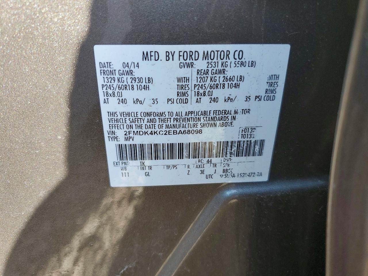 2014 Ford Edge Limited Tan vin: 2FMDK4KC2EBA68098