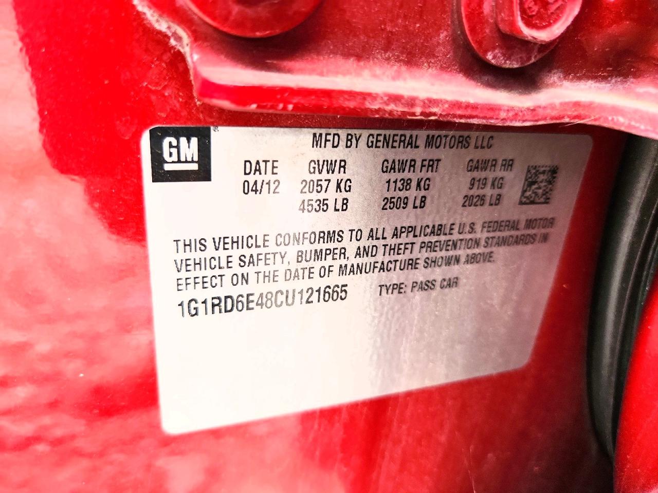 2012 Chevrolet Volt Red vin: 1G1RD6E48CU121665